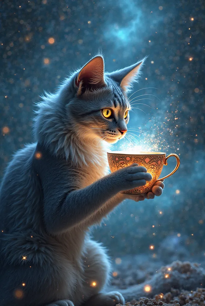 A cool cat drinks coffe's eyes from a layer of stars