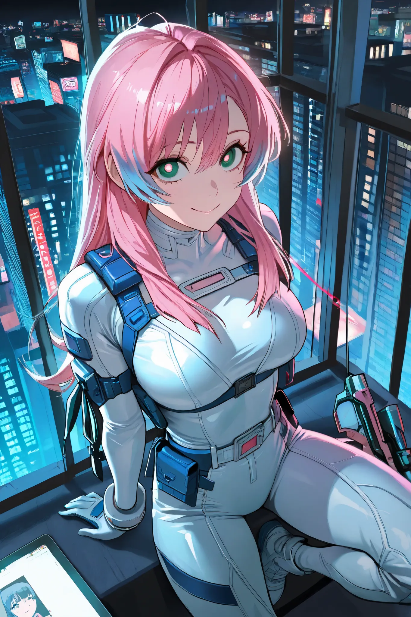    light leather balcony ,   hair combined half pink and half white,  , long hair, disordered fringe tips, by the beautiful,  green eyes, cheerful expression,cyber punk, senos medianos,  blue combat suit, neckline,  night,  futuristic city, on the street, ...