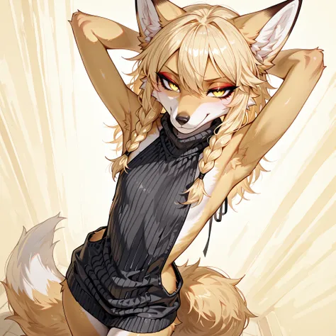 masterpiece, best quality, amazing quality, very aesthetic, high resolution, ultra-detailed, absurdres, newest, female furry, kimiko, anthro, solo, 1 girl, countershading, snout, furry blonde fox girl, light yellow fur, smirking, , long...