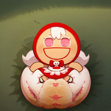 score_9_up, score_8_up, BREAK, CherryCookieRun, 1girl, solo, white hair, pink eyes, red hood, sleeveless dress, red dress, chibi, upper body, forest, smile, small curvy loli, big hips, big diaper, messy diaper, enormous saggy bulging diaper, diaper keeps g...