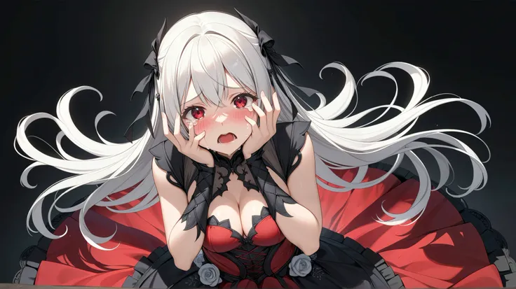 (TOP QUALITY,  masterpiece,  super precise, high definition), 8k,  Anatomically Accurate Body ,  anime girl wearing nice armor has long white hair、 wearing a nice dress, Change in dress, Nightcore, red dress,  Gothic Maiden anime girl , White-haired goddes...