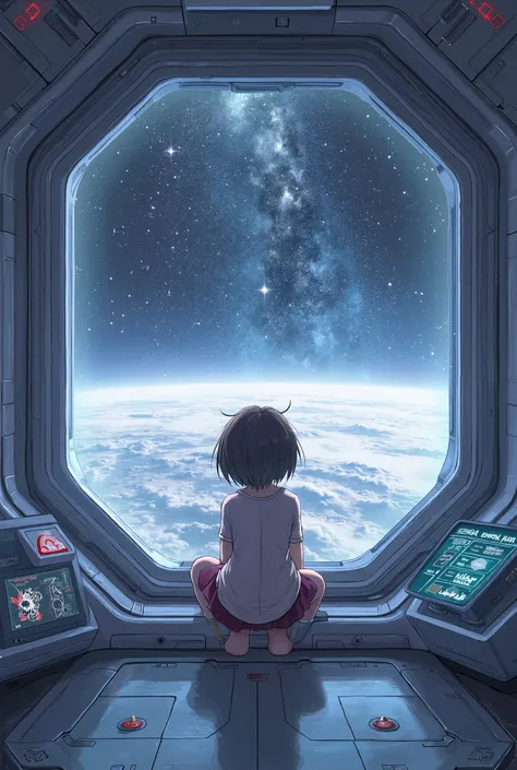 A young anime sitting on a spaceship watching futuristic space