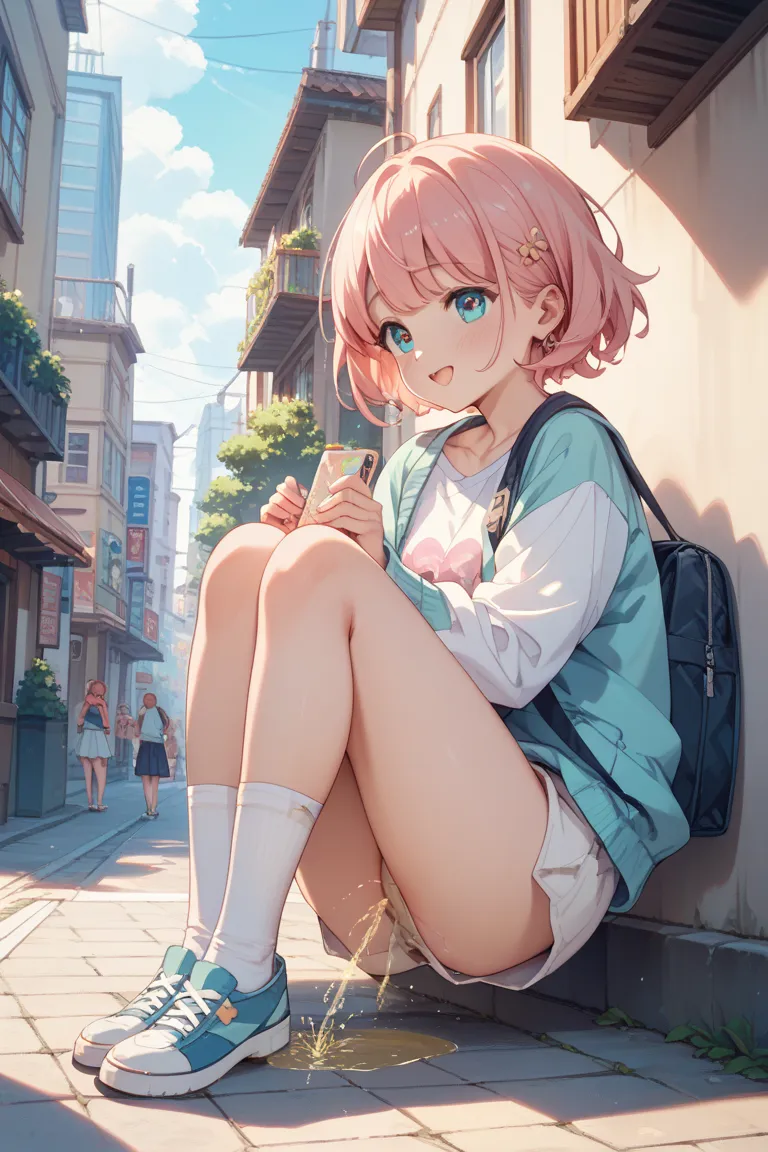 ショートヘアの可愛い女の子は、What is a cute girl with short hair taking off her white pants in the city、Open your legs、 Peeing