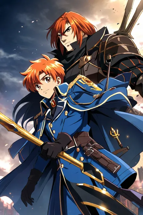 a character, Male character, Hero,  orange hair, brown eyes, blue military trench coat, emblems on the shoulders with a trident symbol, pantalones negros,  black gloves , fantasy and steampunk anime style.