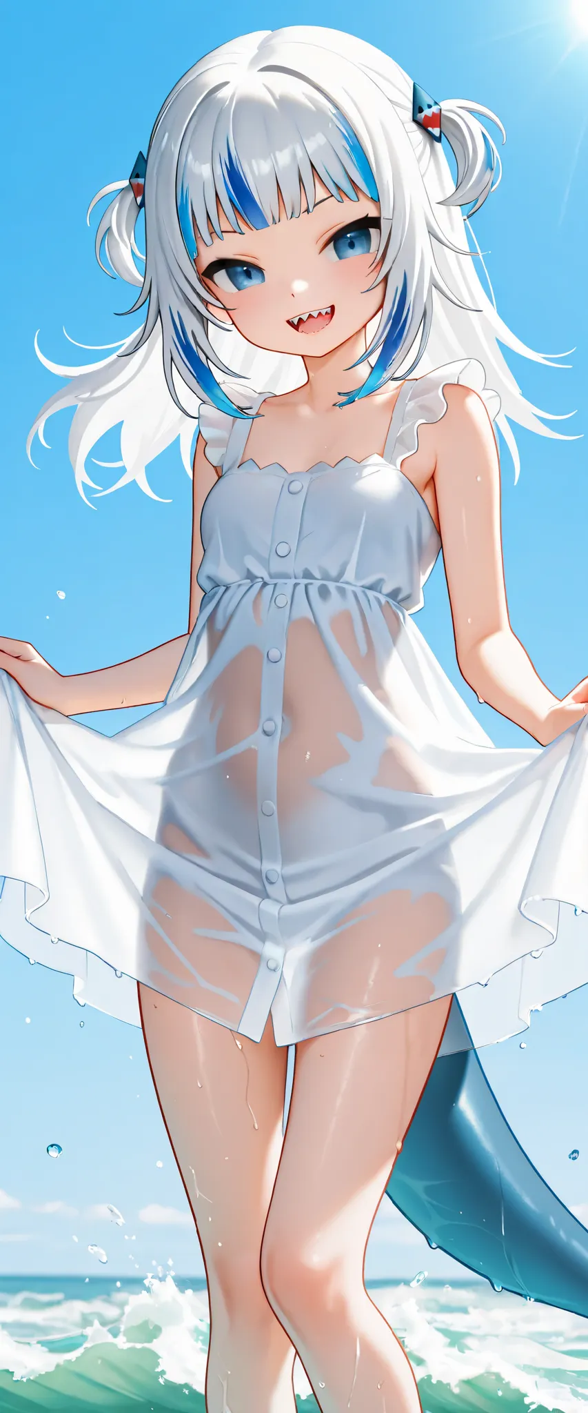 1 girl, solo, solo focus, Gawr Gura, cheerful, her sharp teeth are visible when she smiles, a stylish white transparent dress, body lines are visible through the wet white dress, body lines shine in the sun, transparent dress waves in the wind,
