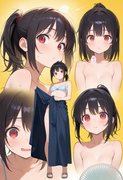 masterpiece, best quality, very aesthetic, absurdres, safe, Anime girl, long black hair, red eyes, (red eyes:1.5), (expression:1.5), front pov, standing, full body, ponytail, nudity, naked, close, hot summer, sweat, fan, bra on ground, happy, clothes on gr...