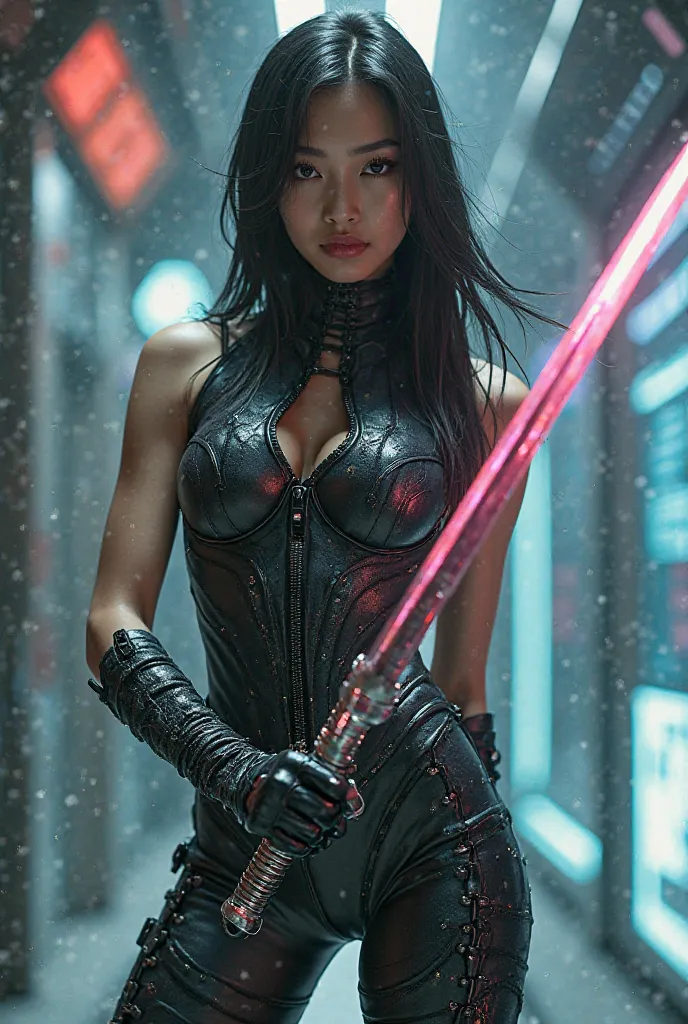 Beautiful Asian girl in a skin tight futuristic catsuit and leather thigh high heel boots, wielding an elemental sword