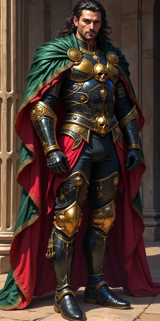 The image shows a man of imposing and noble appearance. He has dark brown hair, combed back, and a serious and determined expression. He wears dark armor adorned with gold details and wears a green cape with gold edges that falls to the ground, giving him ...