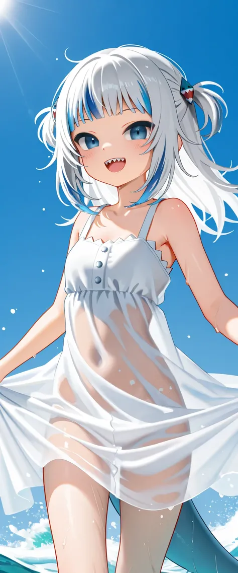 1 girl, solo, solo focus, Gawr Gura, cheerful, her sharp teeth are visible when she smiles, a stylish white transparent dress, body lines are visible through the wet white dress, body lines shine in the sun, transparent dress waves in the wind,
