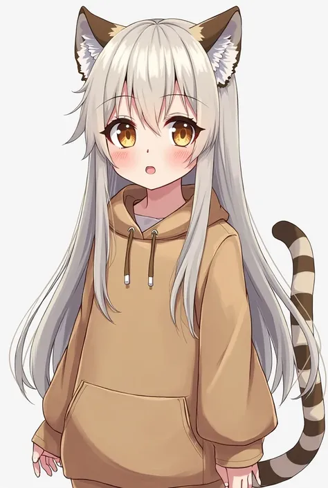 A Demihuman Saber-toothed Tiger girl with long, straight white hair, light amber eyes, smooth pale and soft skin, small ears of a saber-toothed tiger, small hairy tail, extremely sharp claws, 1,10 tall, cute face, , 2d anime style