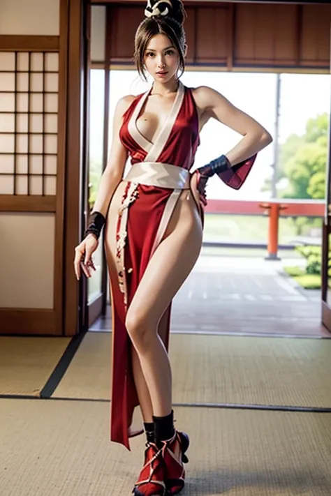 mai shiranui, (black satin tabi:1.2), (Full body:1.4), (Photo realistic:1.2), (masterpiece:1.2), (Best Quality), (ultra-detailed), (8K, 4K, Convoluted), (Flat Lighting:1.2), (skinny), Prestige, Brown eyes, Long brown hair, white ribbon, sleeveless, ponytai...