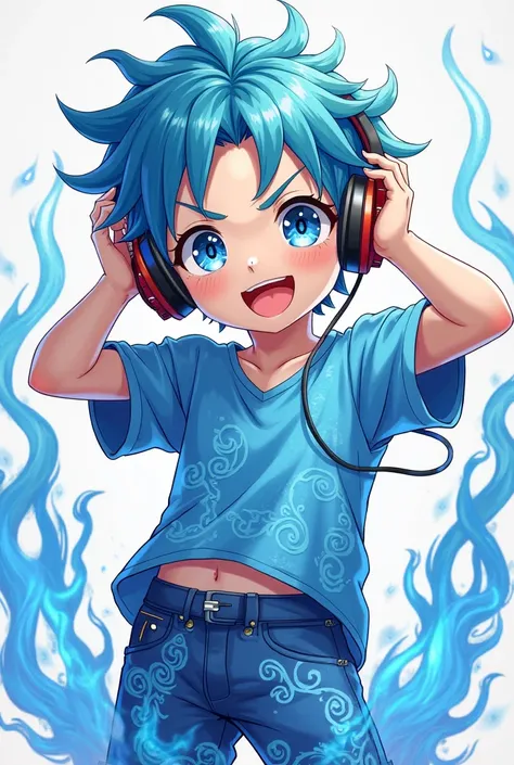 Boy with blue hair who has headphones wearing a blue shirt with blue fire drawn and blue pants with fire drawn with a cheerful face anime 
