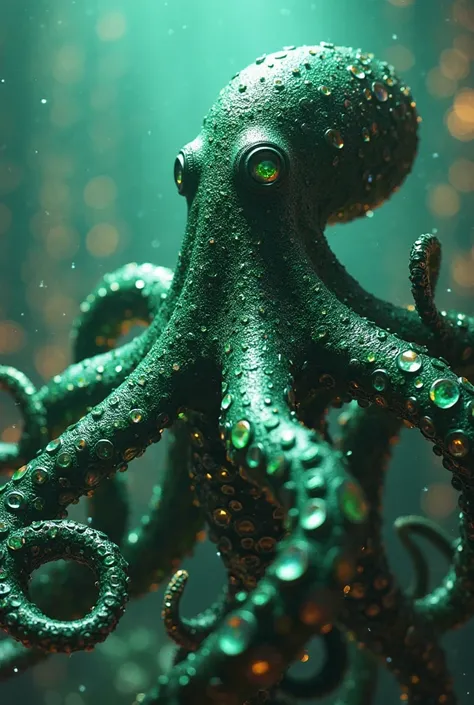 octopus human body  ,   Whole body,   Realistic, in a futuristic dystopian environment , like another planet  , dystopian futuristic environment with artificial intelligence colors. in High Resolution, bottomless and encrusted with emeralds