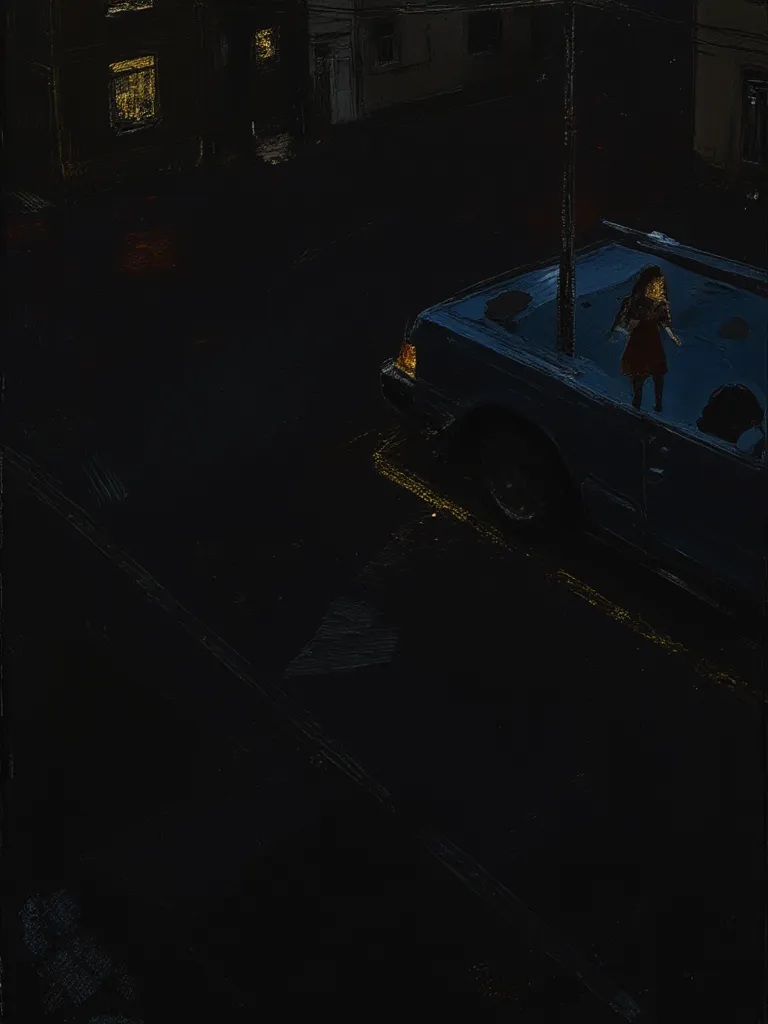 Noir style painting featuring a street view seen from high level, dark blue, dark red wine and golden yellow details, high contrats and cinematics chiaroscuro, corner, alley, houses, lights on on some random windows, impressionist painting, car parked with...