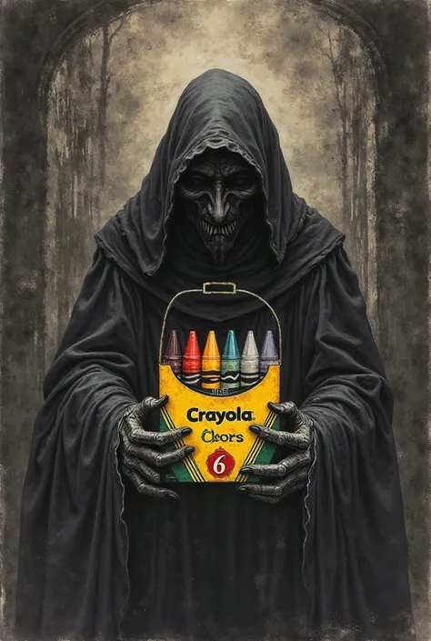 To hell offering a crayon box with 7 colors, Victorian-style in charcoal illustration