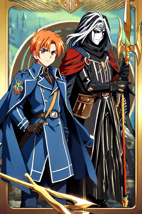 Male character,  orange hair, brown eyes, blue military trench coat, emblems on the shoulders with a trident symbol, pantalones negros,  black gloves , golden sword, fantasy and steampunk anime style.