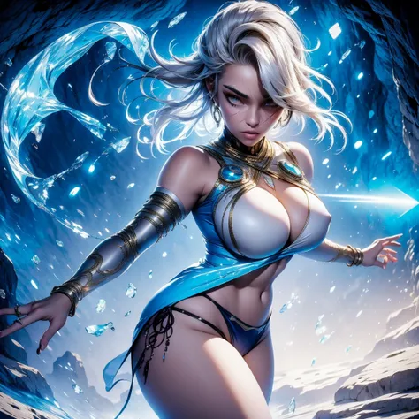 hyper realistic 4K, 8K, ultra realistic high resolution, masterpiece, detailed, solo, young beautiful Atlantean woman, curvy, grey eyes, white hair, no bra, no top, glowing tribal face tattoo blue, large blue gems covering nipples, silver knee-high socks w...