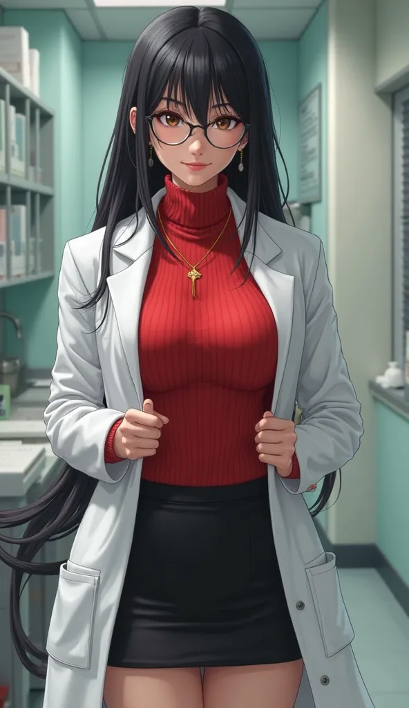 masterpiece, best quality, black hair, glasses, necklace, earrings, red sweater, turtleneck, labcoat, black miniskirt, large breasts, upper body, looking at viewer, doctor's office, smile, mischievous