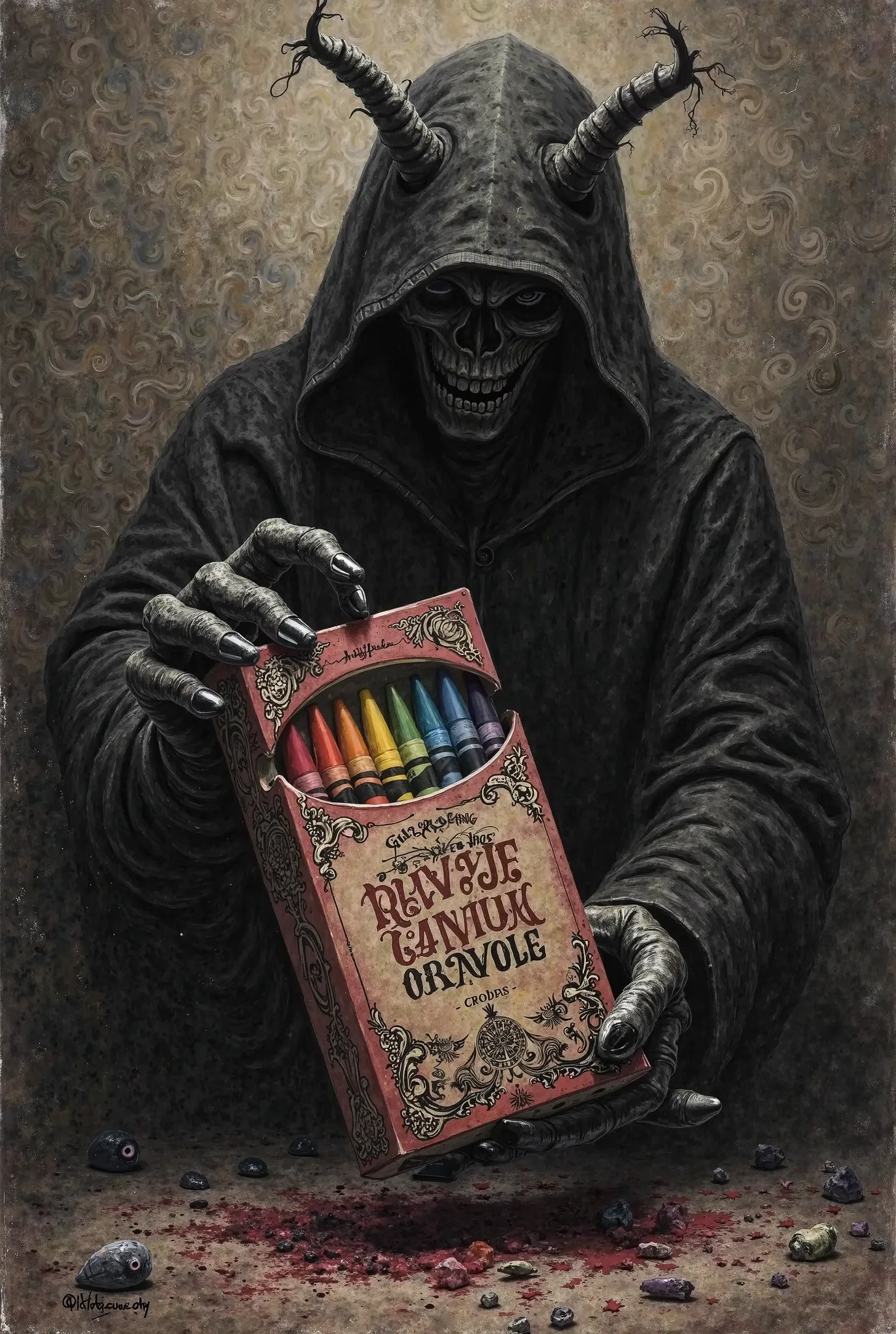 To hell offering a crayon box with 7 colors, Victorian-style in charcoal illustration