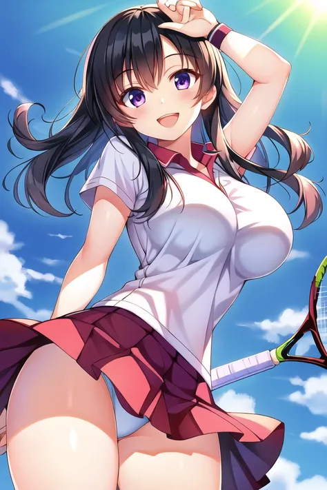 ( ã), ( 1 girl), (    black hair:1.1),  ( Group), (Glass), ( D cup breasts), (smile), (:d), ( Intricate iris detail), (tennis uniform), ( and looking at the viewer), (thigh), ( backlight:1.1)