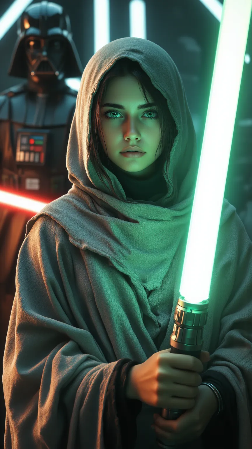 A calm yet resolute Jedi  girl from the Star Wars universe stands before us, draped in a flowing, grey hooded robe. Her eyes shine with a serene light, radiating peace and determination. In her hand, she wields a green lightsaber, its blade casting a soft,...