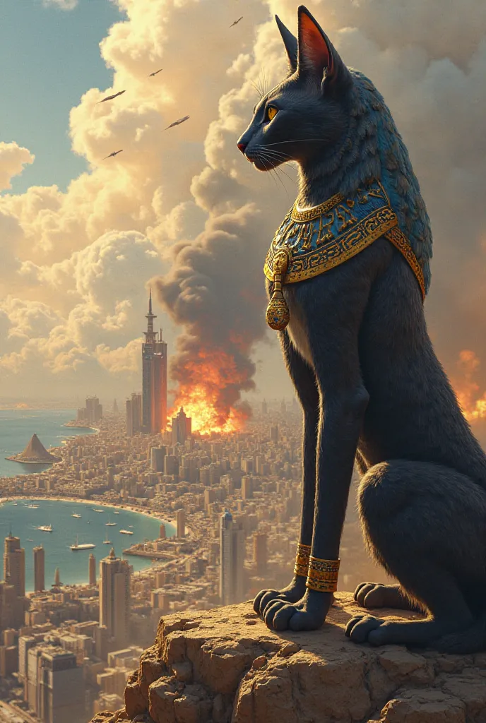 Ancient Egyptian cat watches missiles hit seaside city