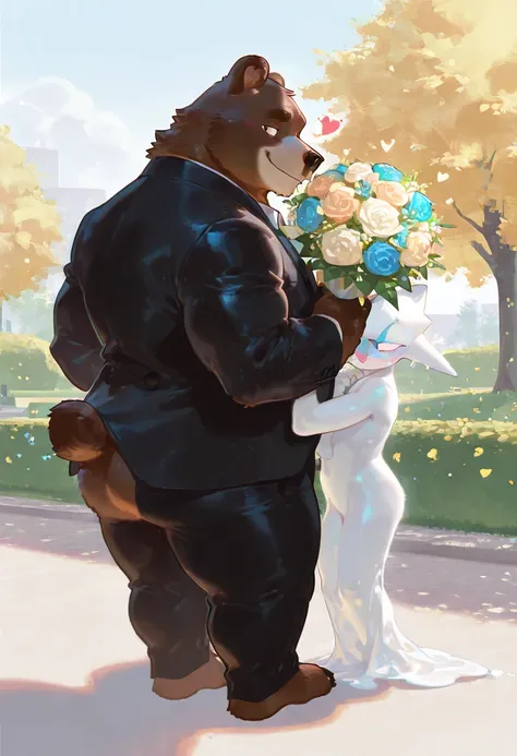 ( Male bear:1.5), ( white skin:1.3), furry，(  brown fur :1.3)，((  blue pupil))，(Brown ears),(furry 动物 耳朵s)，Brown Bear， brown fur，furry， naked upper body， black suit ，Smile，Artistic action，Full body picture，fat， muscle，shy，(heart_symbol)，Park Background，bou...