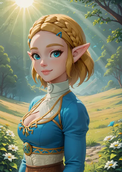 ((princess zelda)), ((botw style)), ((masterpiece)), ((high resolution)), ((solo portrait)), {(attractive figure), (yellow braided hair), (pointed elf ears), (cute blue eyes), (long eyelashes), (lush lips), (cute smile)}, {(breath of the wild outfit), (blu...