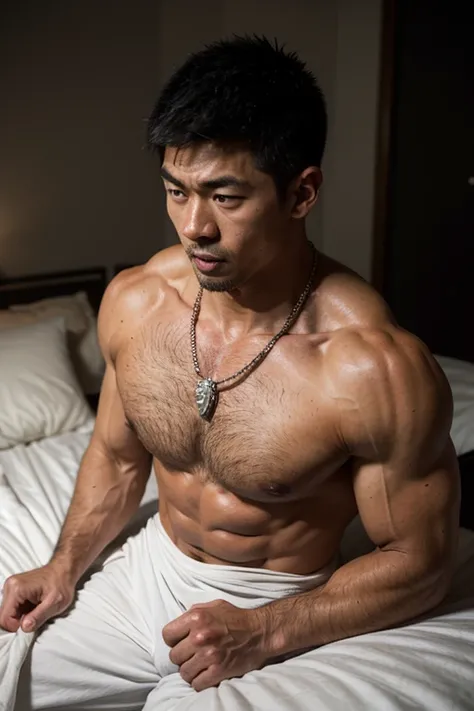 muscular japanese bodybuilder, in his 20s, necklace, intense orgasm expression, laying on bed, highly detailed, realistic, 8k, photorealistic, hyper detailed, chiaroscuro lighting, dramatic lighting, cinematic lighting, volumetric lighting, cinematic mood,...