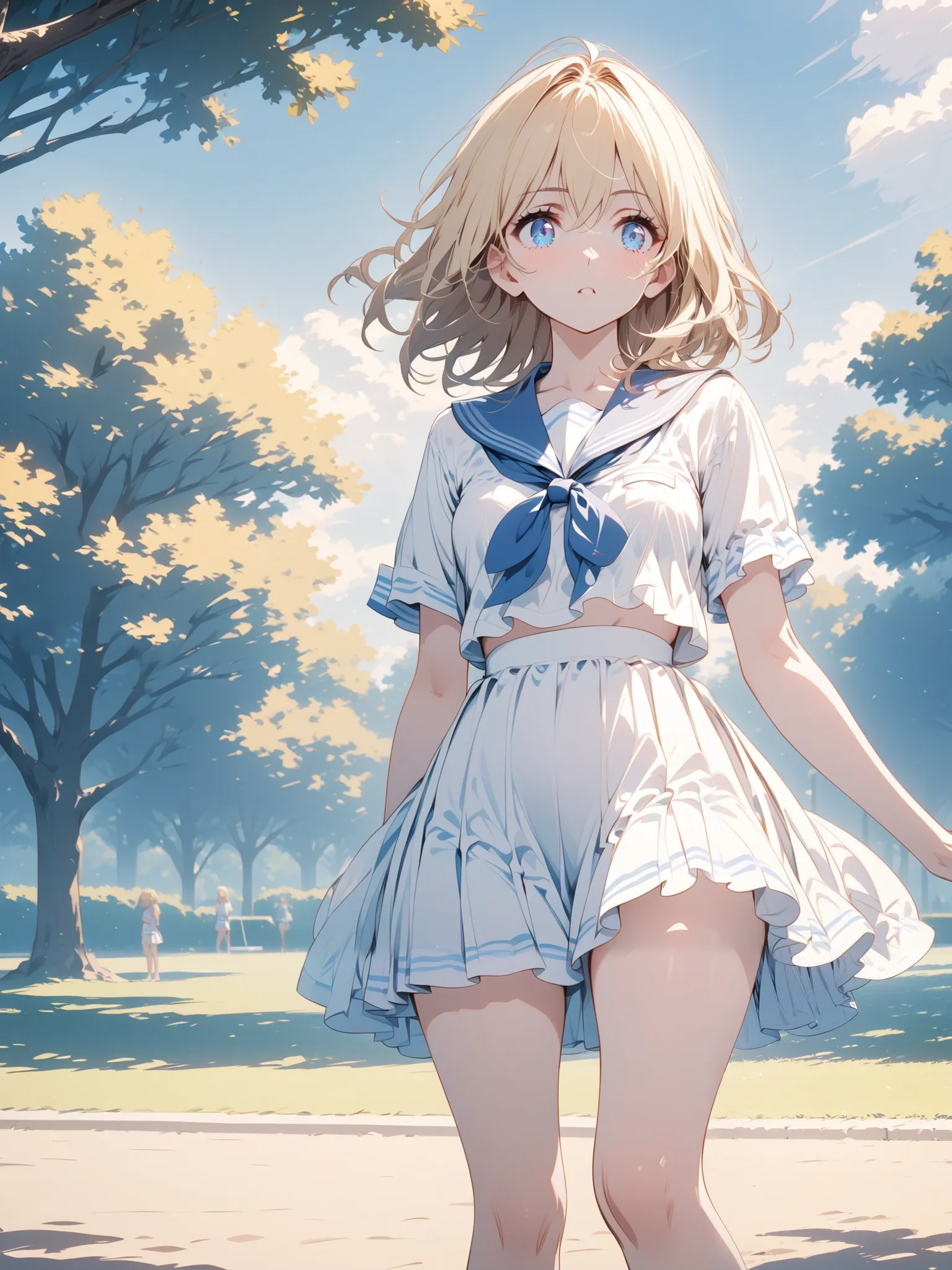 Light blue sailor summer clothes, blonde medium hair, Girl with deep blue eyes, Alone, the background is a park,  alert ,  knee shot, corruption, 