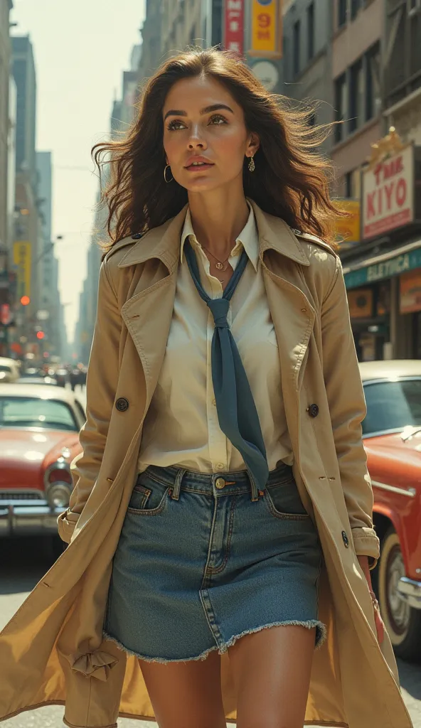 Create an image of a confident woman walking down a bustling city street. She's wearing a stylish beige trench coat over a white shirt tied with a blue necktie, paired with a form-fitting denim skirt. Her hair is styled in voluminous waves, and she carries...