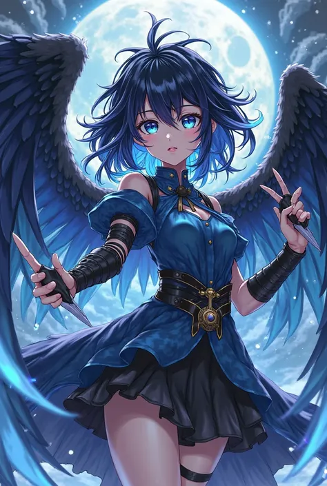 (maximum quality, best quality arms,  official art , beautiful and aesthetic :1.2)  anime girl , Crow wings on the back,  blue eyes, long spiked hair in flaming blue and black, blue blouse, black and blue armor holding two daggers.
