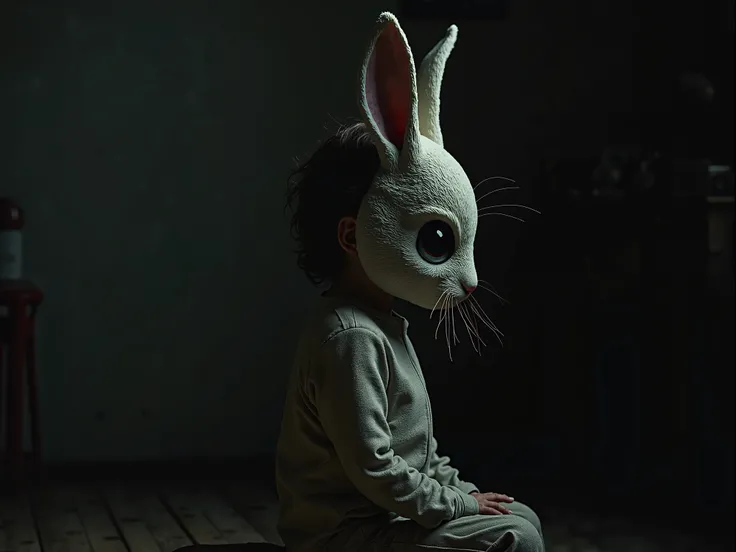 A photorealistic image of a little  in a real Rabbit mask sitting in profile in a dark room.