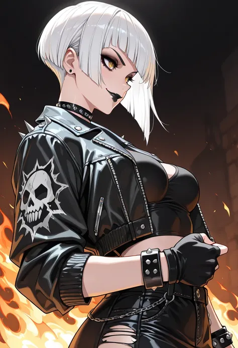 (Draw an image of an gothic girl, yellow eyes, shorty haircut style, punk haircut, shaved white hair, beautiful woman, dark makeup, medium breasts, ripped stocking, distressed jeans jacket, black skirt, serious smile, upper body, side view, forward view, b...