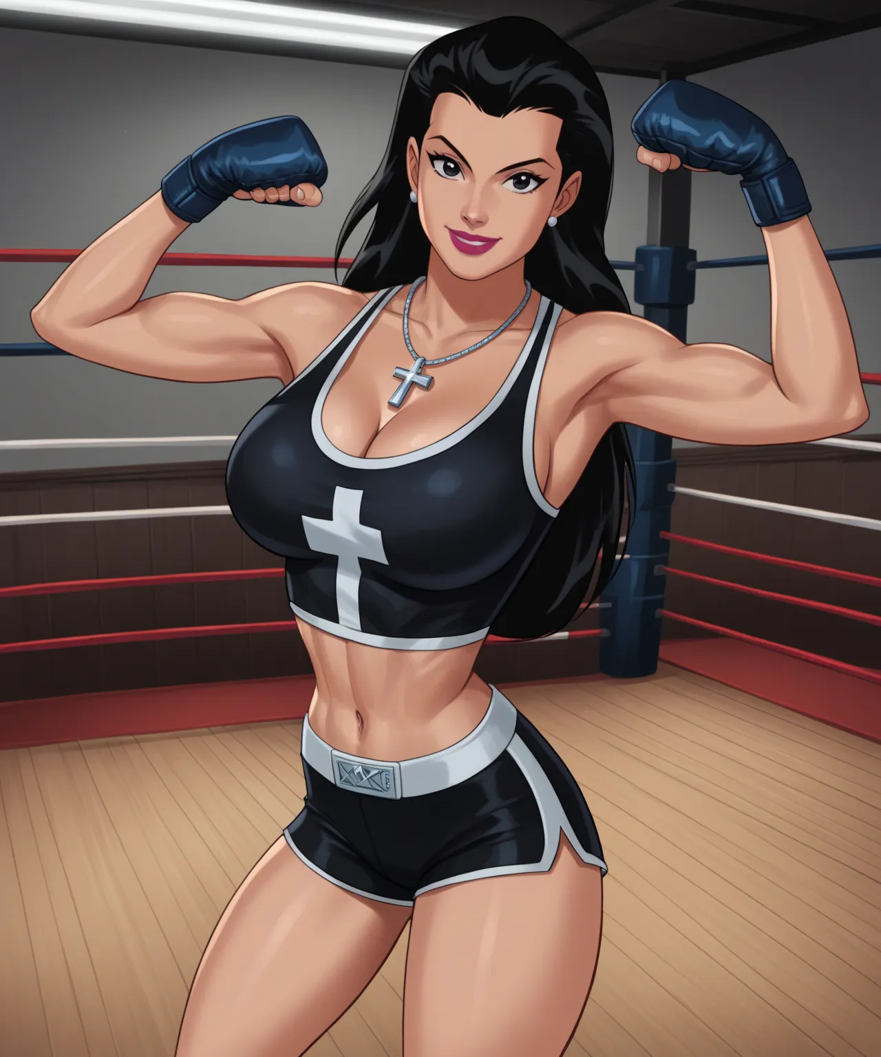 safe_pos, PonyXLV6_Scores BREAK (((retro artstyle, parody, animification)), perfect anatomy, cowboy shot) helena bertinelli, long hair, black hair, black eyes, dark pink lipstick, ((looking at viewer)), jade black boxing shorts, jade black boxing gloves, j...