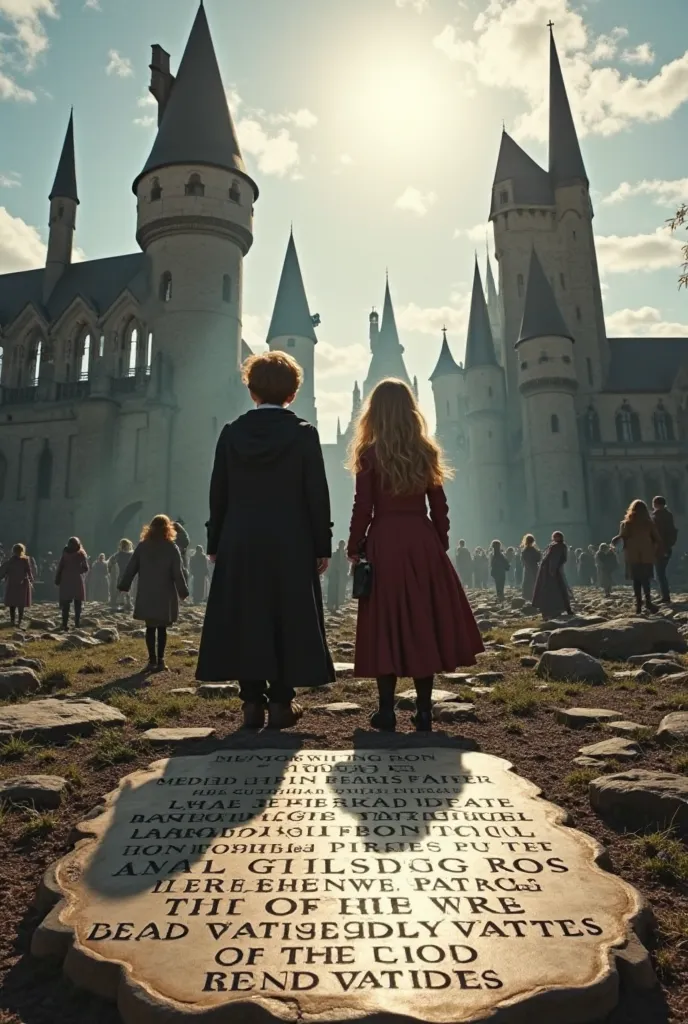 Harry and Hermione standing in the ruins of Hogwarts, looking up at a bright, clear sky. Behind them, students and members of the resistance begin to rebuild the castle. In the foreground, a memorial plaque with the names of the fallen, including Ron, shin...