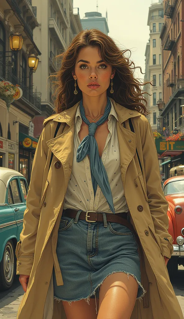 Create an image of a confident woman walking down a bustling city street. She's wearing a stylish beige trench coat over a white shirt tied with a blue necktie, paired with a form-fitting denim skirt. Her hair is styled in voluminous waves, and she carries...