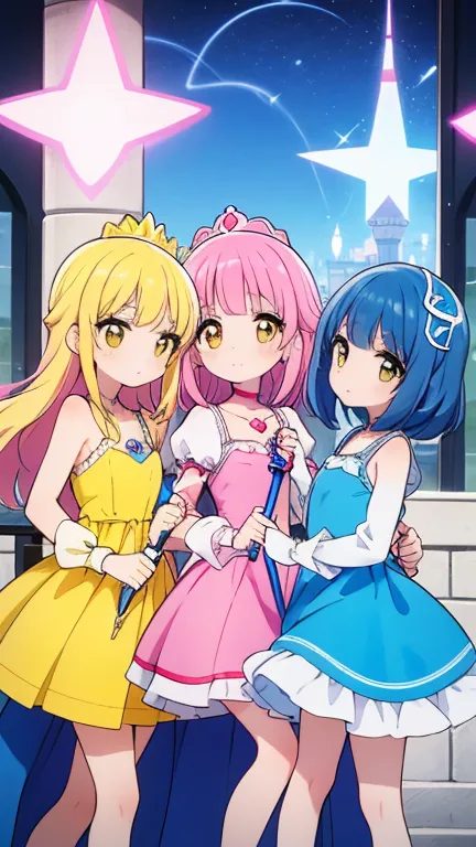  3 women, woman,cute,cute, looks like an adult,adult woman,Long legs, Slim, slim,slender, Magic Girl, Pretty Cure, pink hair,( with pink dress),(yellow hair, with yellow dress),( blue hair, with blue dress),magic wand,Heart Wand,Three people are ready, cut...