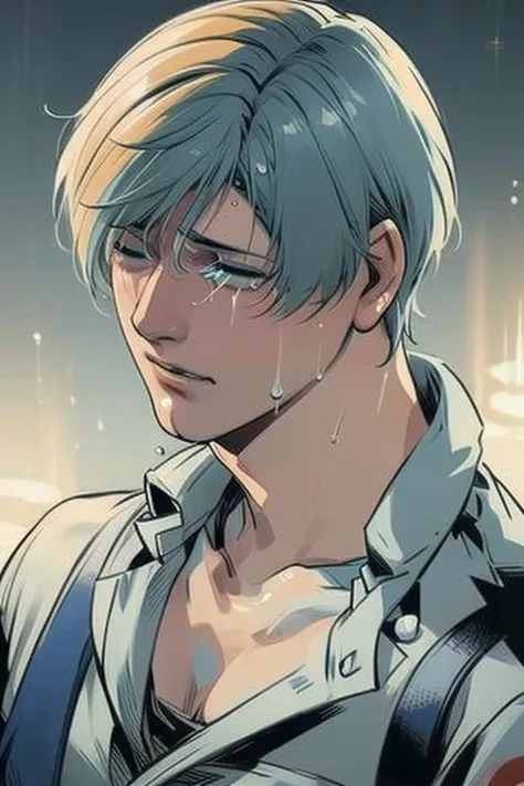 Ichigo Isshu, light blue hair, yellow eyes, Leon Kennedy, blonde hair, light blue eyes, ({{crying, tears, tears}}, half-closed eyes, clenching, saliva, heavy breathing, sweat