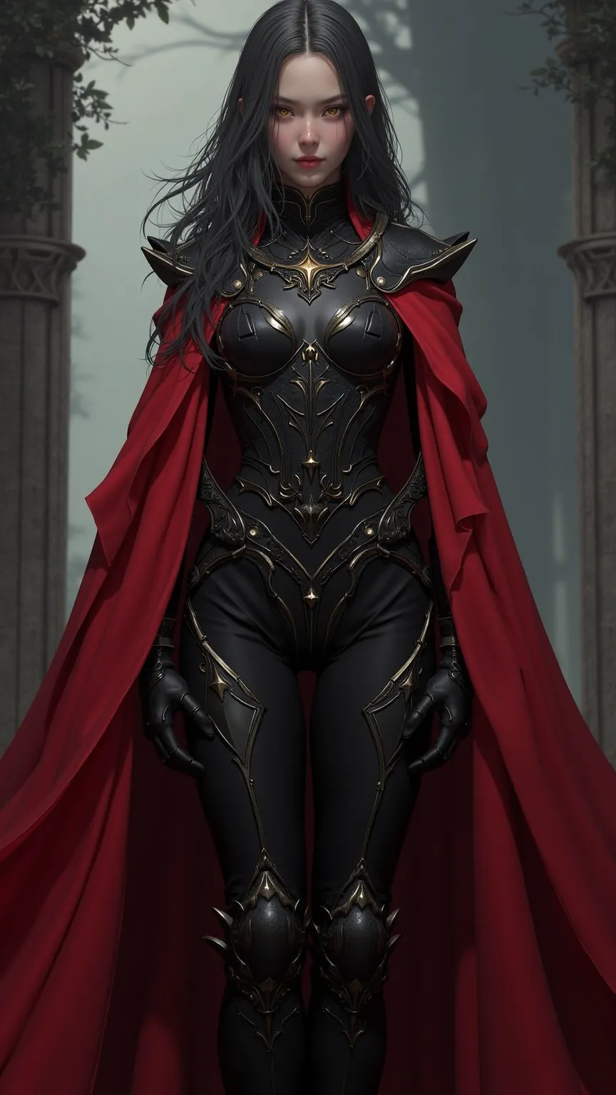 A woman dressed in black and wearing a red cloak is posing for a photo, character portrait by Yang J, cgsociety contest winner ,  Fantasy Art , beautiful  Female Knight, of a beautiful  Female Knight,  Female Knight,  Beautiful Female Paladins , Alena Aena...