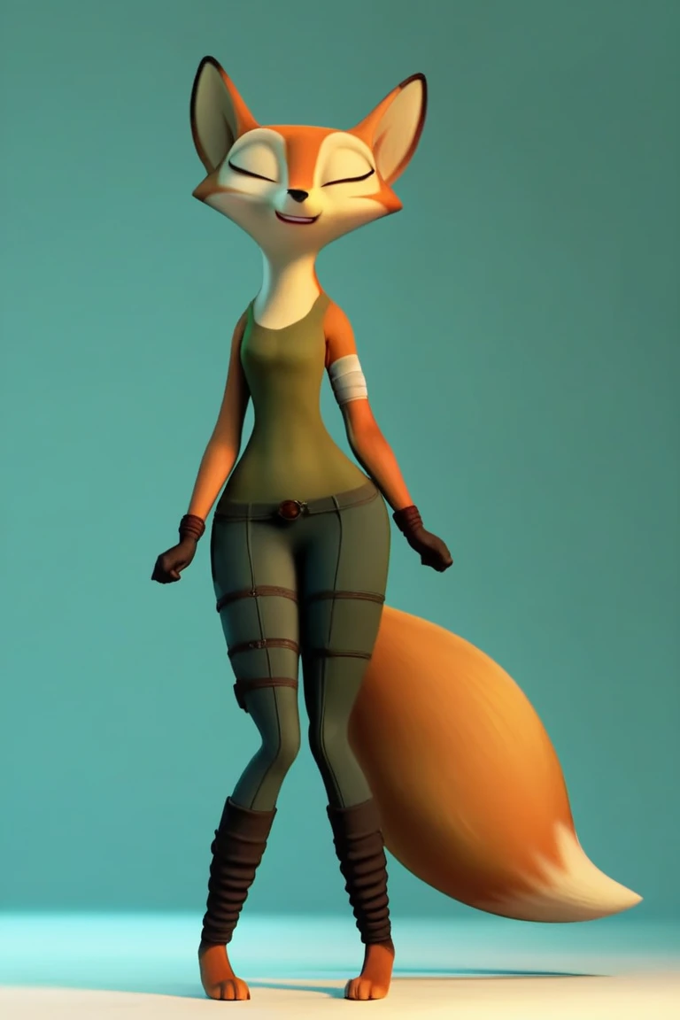 score_9, score_8_up, score_7_up, 1boy, solo,  Expressiveh, (VixSAST, furry, anthro, fox girl, fox tail, closed eyes, orange body, orange fur, green tank top, jeans, gloves, black leg warmers, arm bandage), wide hips, legs, thighs, 4k, masterpiece, best qua...