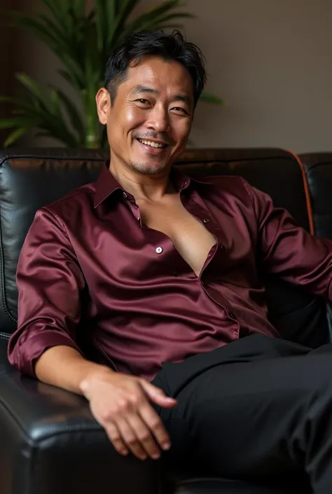  Brown skin ，mature sexy and handsome asian mature man，Smiling and squinting，Wearing a burgundy silk shirt ，   black suit pants  ，is reclining on a black leather sofa ， The neckline is open ， Broad chest muscles 