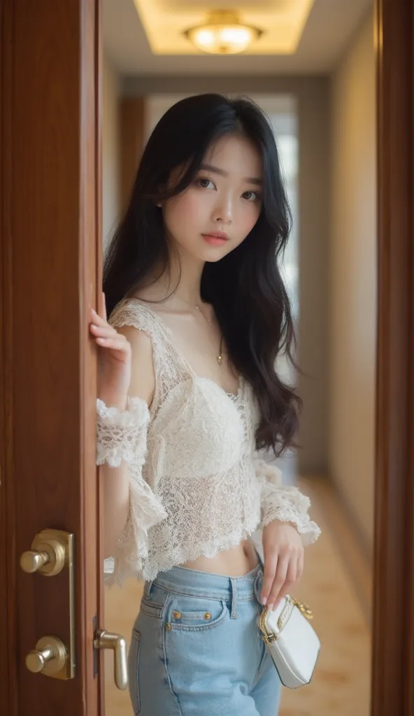 a 23 year old Japanese woman with characteristic and very beautiful big eyes

Masterpiece Top Quality, This is a realistic portrait set in what appears to be the entrance of a hotel or luxury apartment. the floor is carpeted or、or covered with a soft textu...