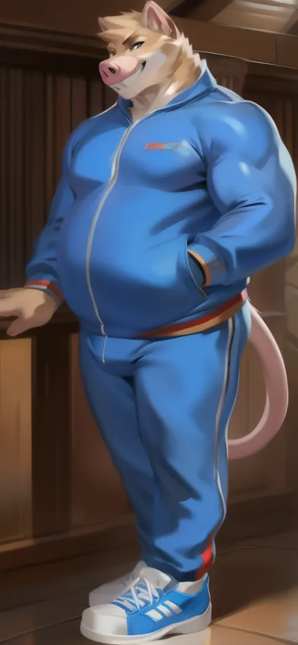 Solo, male Tall​ ,huge​ body​,​ standing​ ,den ,pig hamster ,blue Tracksuit soldier , Wear combat shoes, overweight, muscular, Smirking ​, by chunie