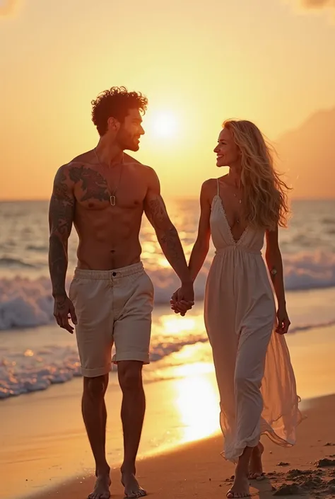 On the shore of a golden beach, illuminated by the first light of dawn, a young man walks hand in hand with a beautiful girl.  He is tall , muscular, with short curly hair and clearly visible tattoos on her arms and chest. She wears only a pair of light sh...