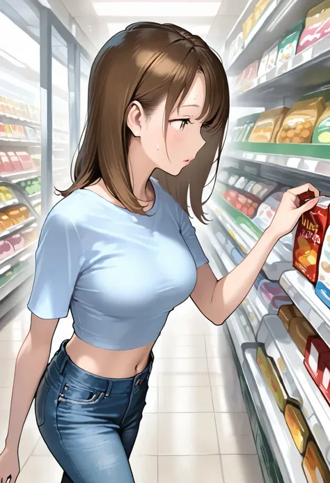 cute girl, 1girl, solo, mature woman, slender body, brown hair, medium hair, brown eyes, undersized t-shirt, skinny denim pants, midriff, walking in grocery store, medium breasts, shopping, from side, girl focus, baby face, ultra detailed, highres, general...