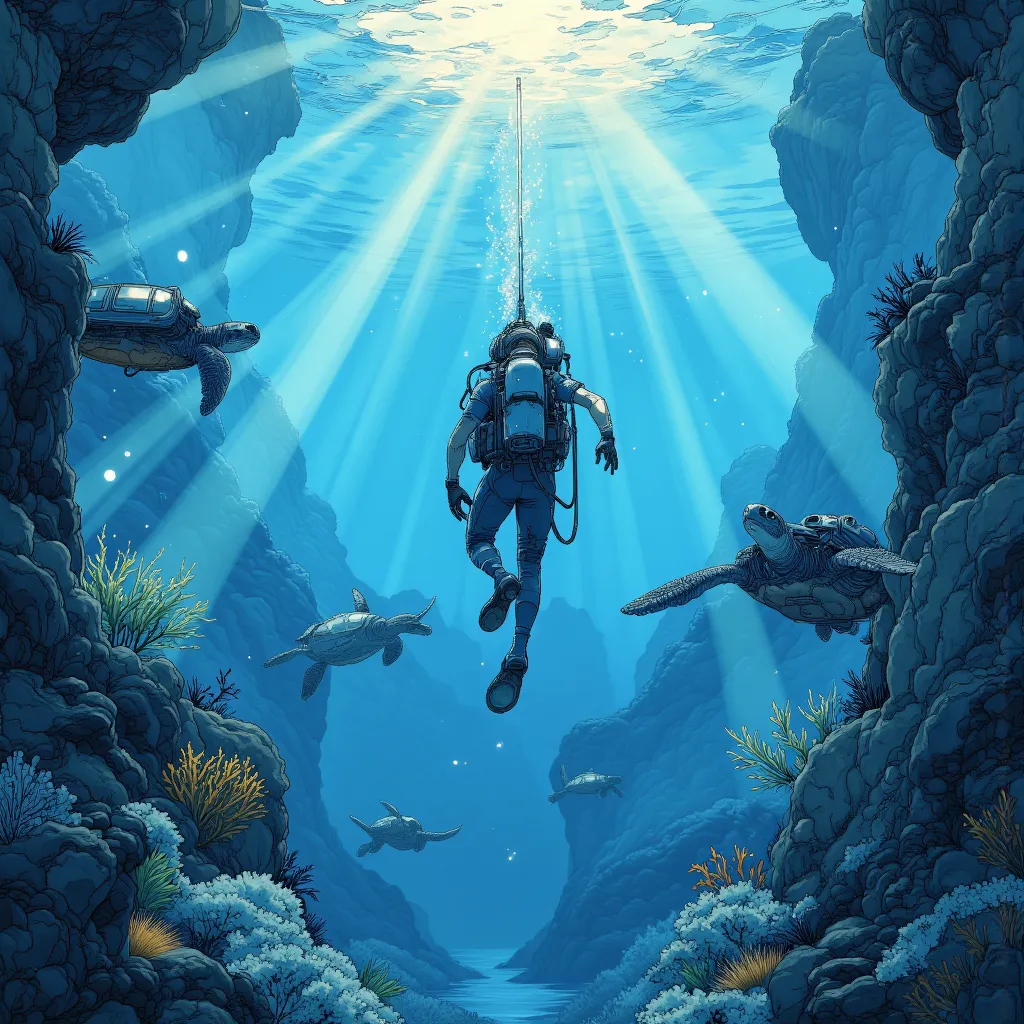 An animation and work of art, with the theme "Diving into the water", featuring an aqualung diver diving into the beautiful ocean, the beauty of the coral reefs and the ocean with its gradations of blue, sunlight filtering through the surface of the water ...