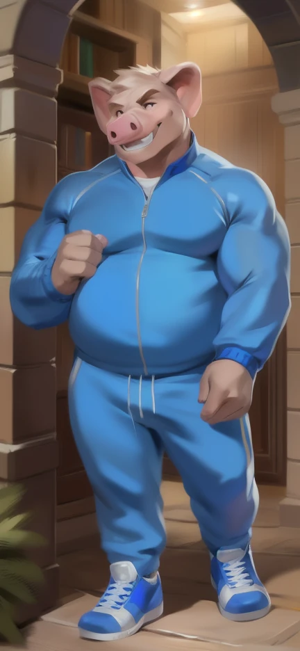 Solo, male Tall​ ,huge​ body​,​ standing​ ,den ,pig elephant ,blue Tracksuit soldier , Wear combat shoes, overweight, muscular, Smirking ​, by chunie