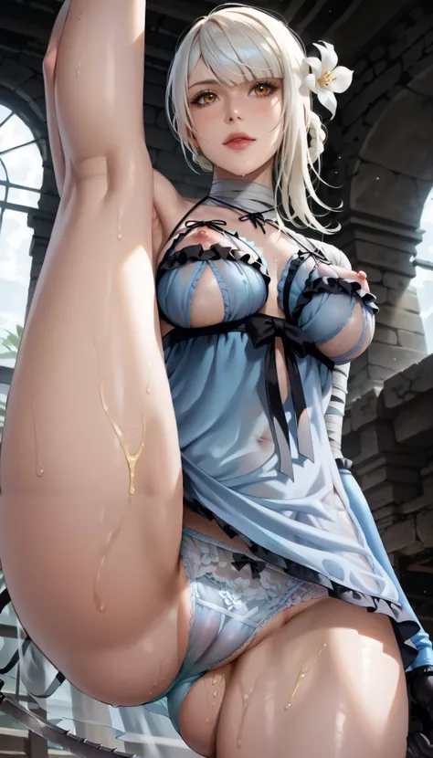 Greatest Masterpiece, TOP QUALITY, realistic as pictured,(((you can never see your breasts))),( I can clearly see my nipples ),(cowboy shot),(Closeup of a beautiful crotch),((( thin and very small light blue frill panties with lace ))), Chiaroscuro lightin...