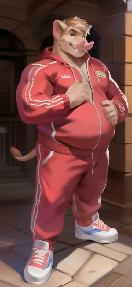 Solo, male Tall​ ,huge​ body​,​ standing​ ,den ,pig elephant ,pink Tracksuit soldier , Wear combat shoes, overweight, muscular, Smirking ​, by chunie